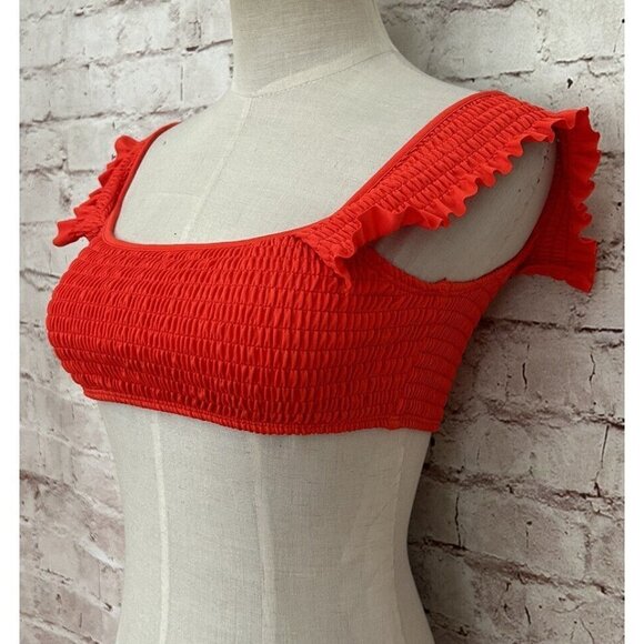 Pretty Little Thing Swim Bikini Top US 8 Red Frill Smocked Shirred Padded NEW - Picture 2 of 5